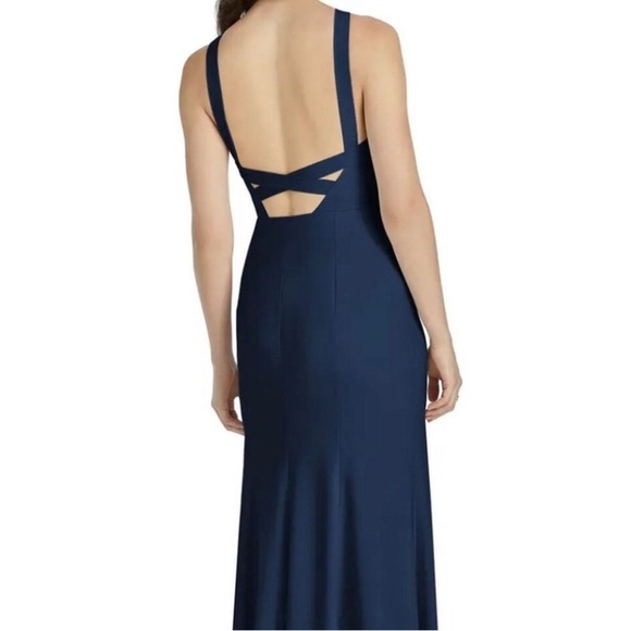 NWOT! Vivian Diamond Dessy Midnight Blue Cutaway Shoulder Column Gown - Size 0 - Picture 5 of 8